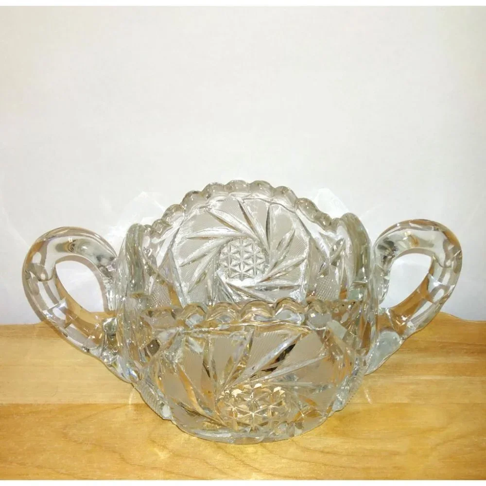 Antique American Brilliant Cut Crystal Hobstar Double Handled Sugar Bowl